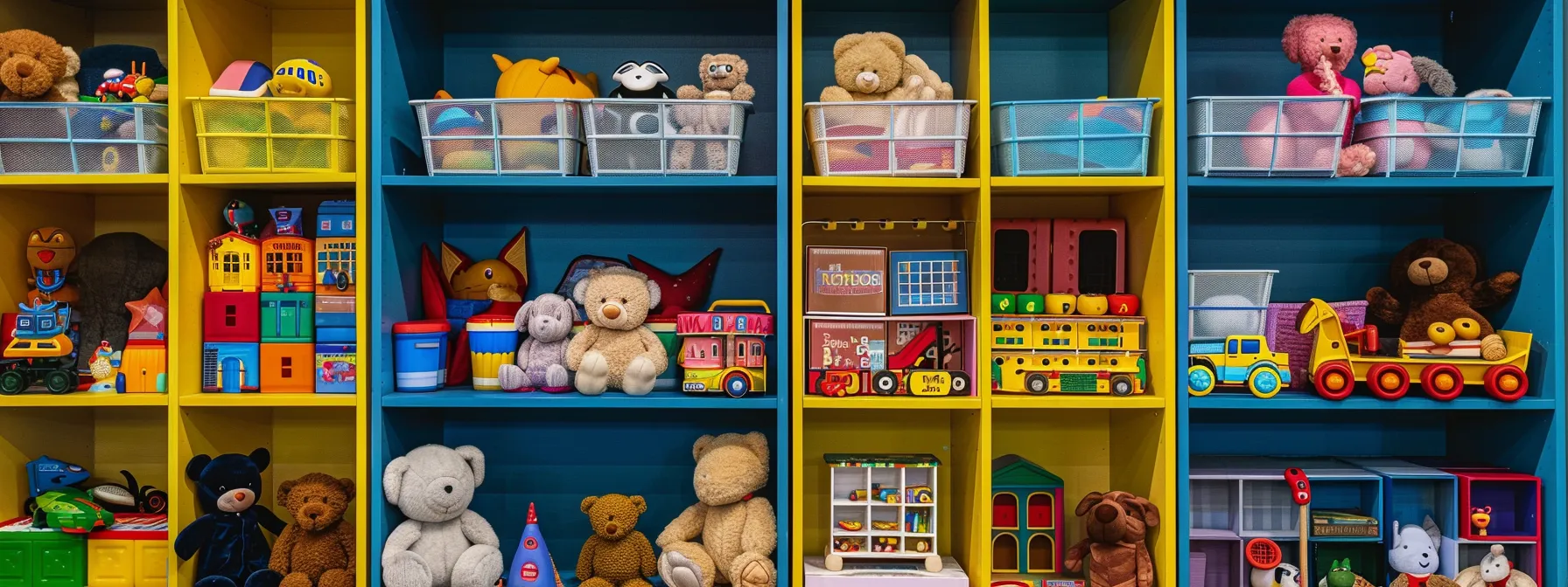 a colorful, age-appropriate toy for every stage of childhood, showcased on a vibrant, organized display shelf.