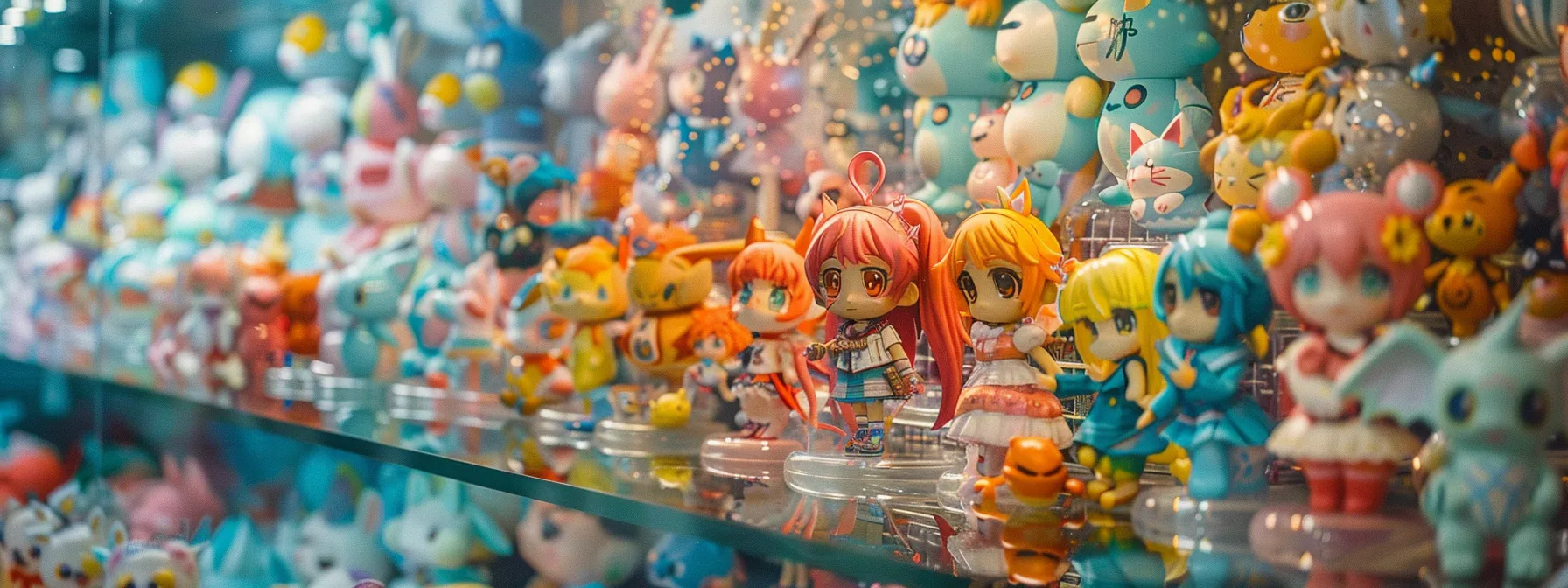 a colorful display of intricately detailed anime figurines and plushies, creating a vibrant and whimsical collection.