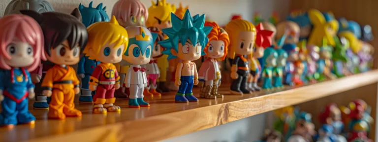 a colorful display of vibrant anime figurines on a shelf.