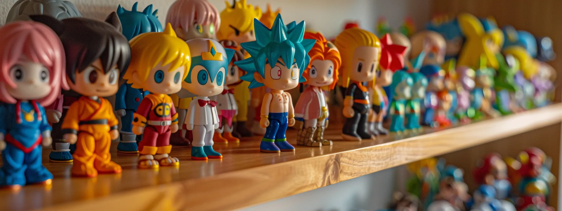 a colorful display of vibrant anime figurines on a shelf.