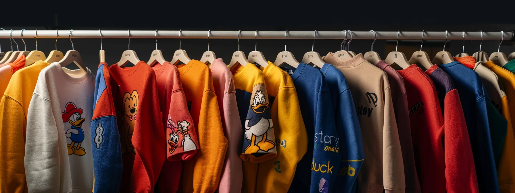 a cozy, colorful sweatshirt collection displayed on a clothing rack with playful 