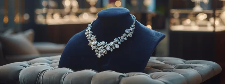 a customer admiring a dazzling diamond necklace displayed on a plush velvet pillow in a luxurious jewelry shop.