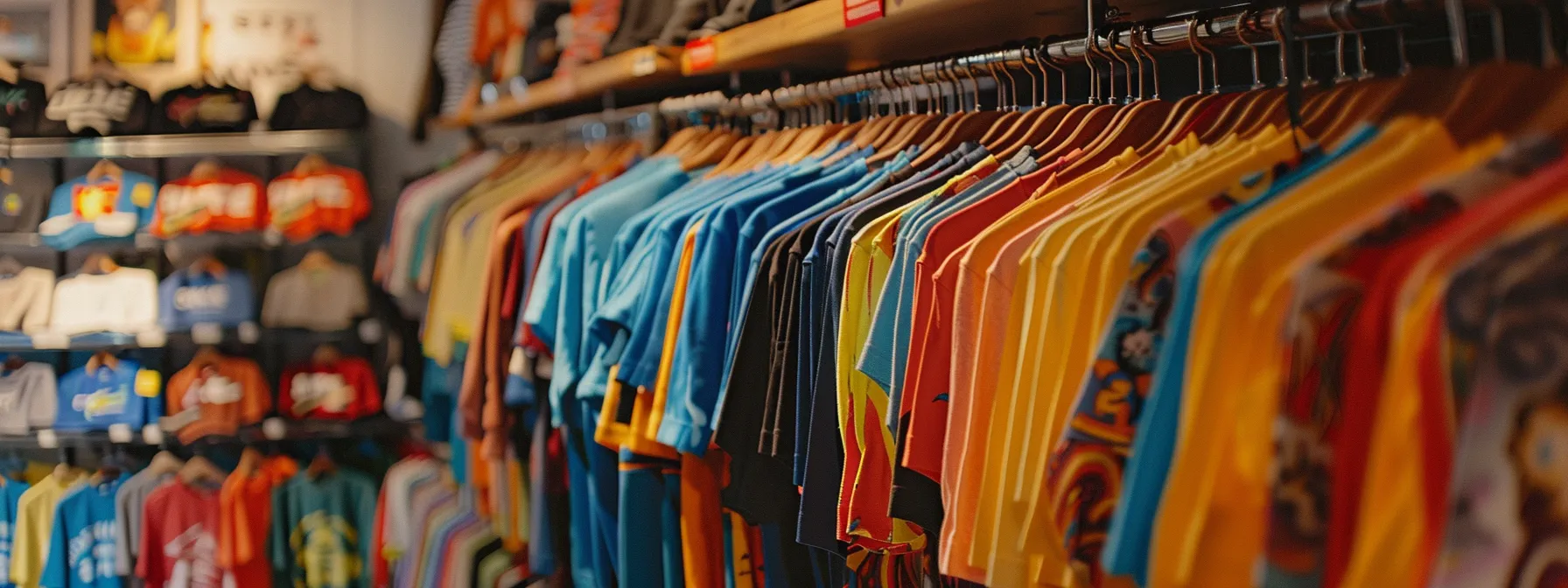 a diverse array of vibrant graphic tees neatly hung on display racks in a bright, trendy boutique.