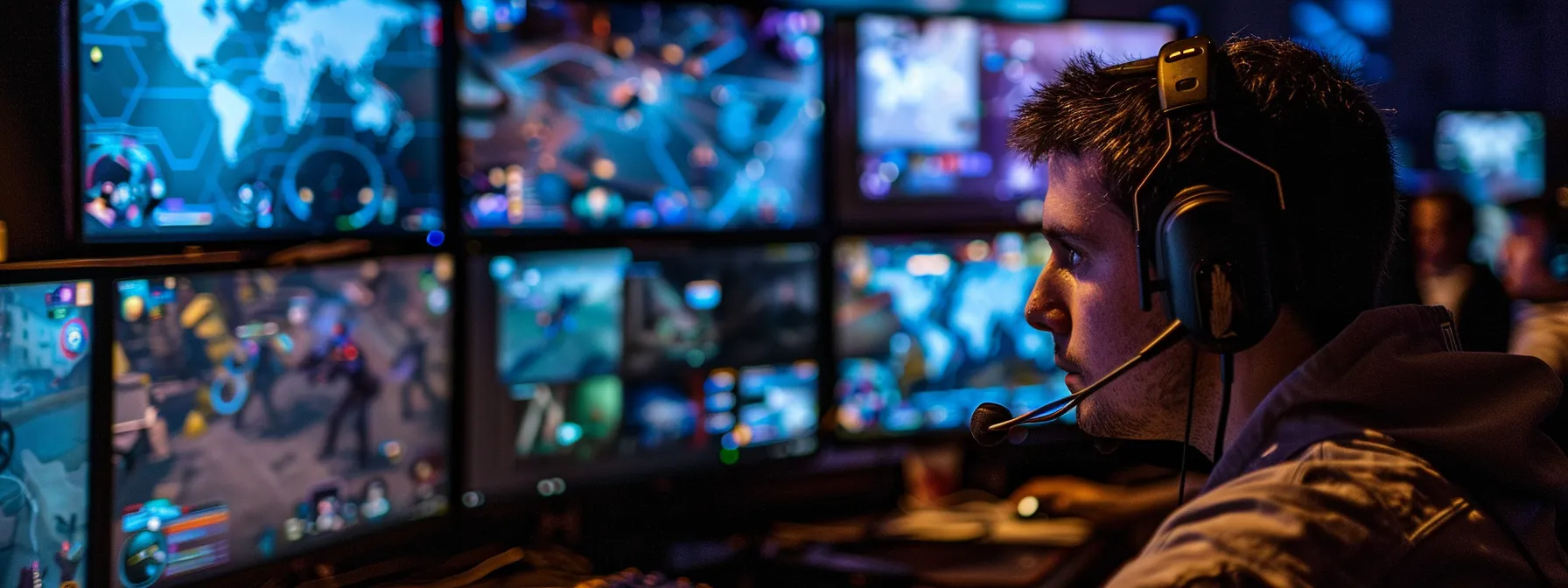 a focused gamer intensely practicing in a dimly lit room, surrounded by monitors displaying strategic gameplays, with a determined expression.