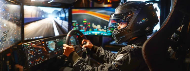 a gamer intensely focused on a high-speed racing game, surrounded by screens displaying game maps and stats.