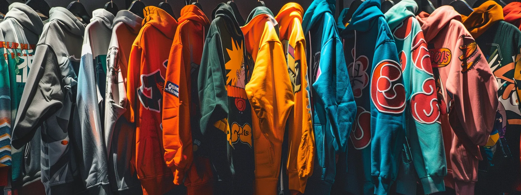 a group of vibrant anime-themed hoodies, featuring iconic symbols and art from popular series like 'naruto', hanging on a display rack, ready to elevate any enthusiast's wardrobe.