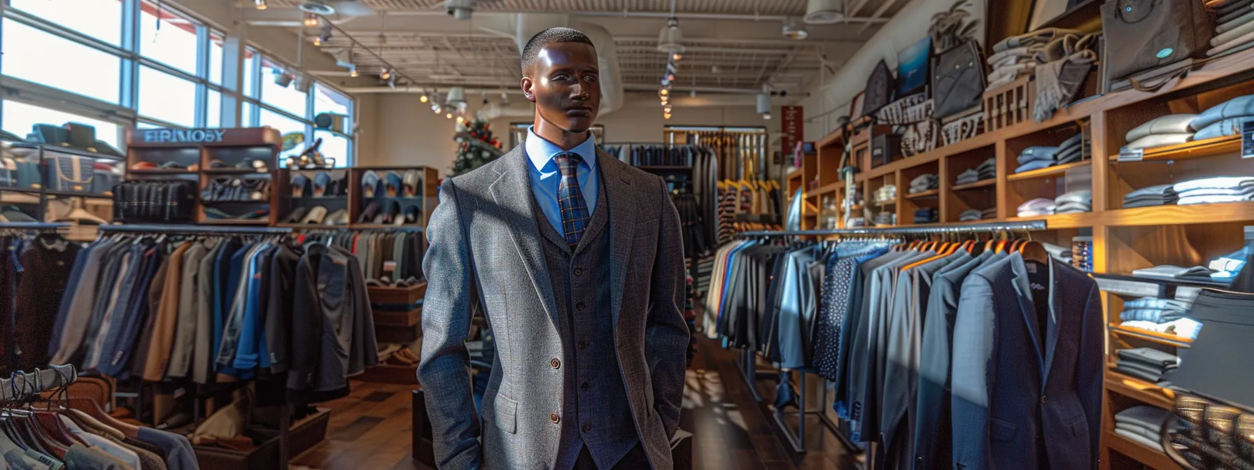 a mannequin dressed in a sleek, tailored suit surrounded by racks of designer clothing and accessories in a modern, upscale boutique.