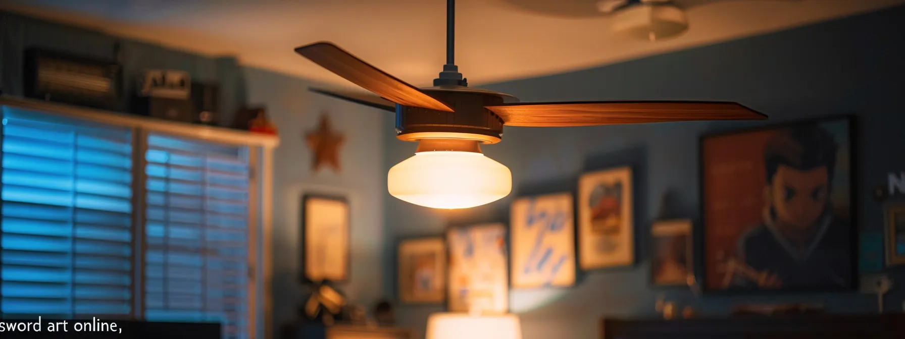 a modern, sleek ceiling fan with soft led lights, inspired by the anime 