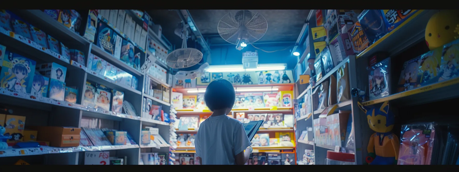 a person carefully reading a detailed shipping and returns policy document, surrounded by boxes of anime merchandise and ceiling fans with lights.