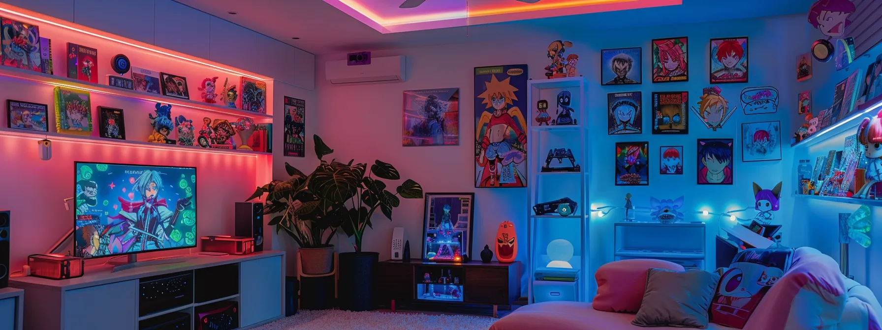 a room adorned with vibrant anime merchandise and a modern ceiling fan with sleek integrated lights, showcasing a perfect mix of fan-favorite characters and stylish decor.