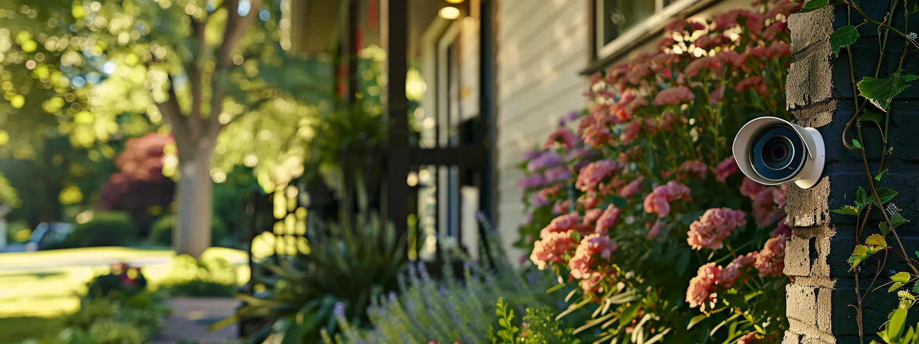 a security camera positioned discreetly on a home's exterior, overlooking a well-kept front porch with privacy in mind.