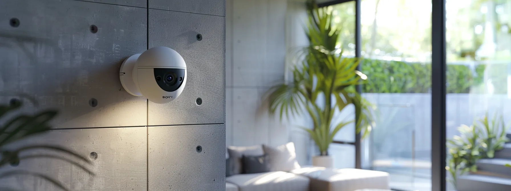 a sleek, modern home security camera system with strong authentication features displayed prominently.