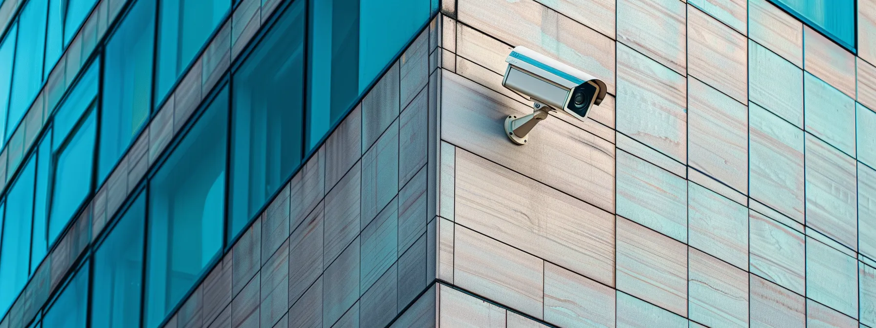 a sleek, modern security camera discreetly installed on the corner of a sleek building facade, blending seamlessly into the architecture.