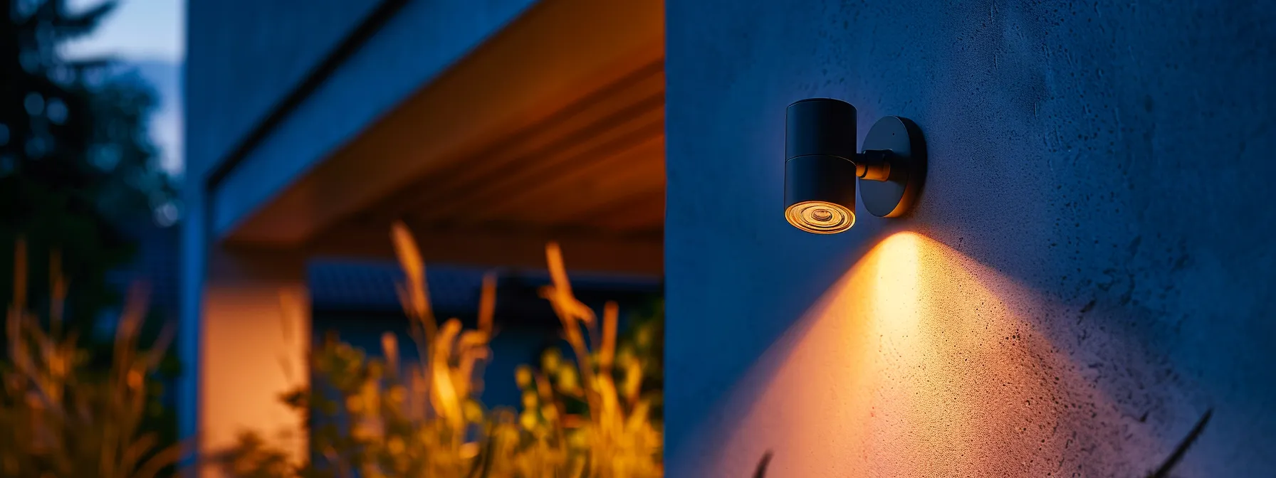 a sleek, modern security camera mounted high on a wall overlooking a well-lit backyard at night.