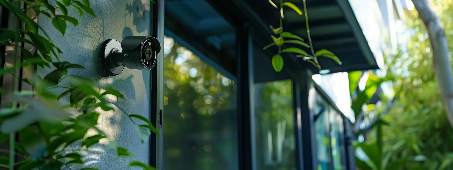 a sleek, modern smart camera with ai capabilities capturing a wide view of a home's exterior, showcasing cutting-edge technology for surveillance.