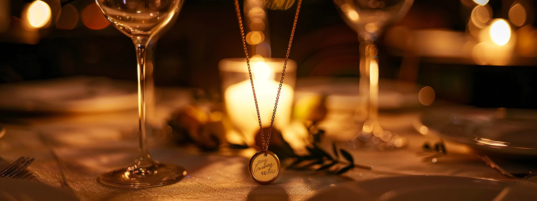 a sparkling gold necklace engraved with meaningful dates and names, shining under the soft glow of a candlelit dinner table.