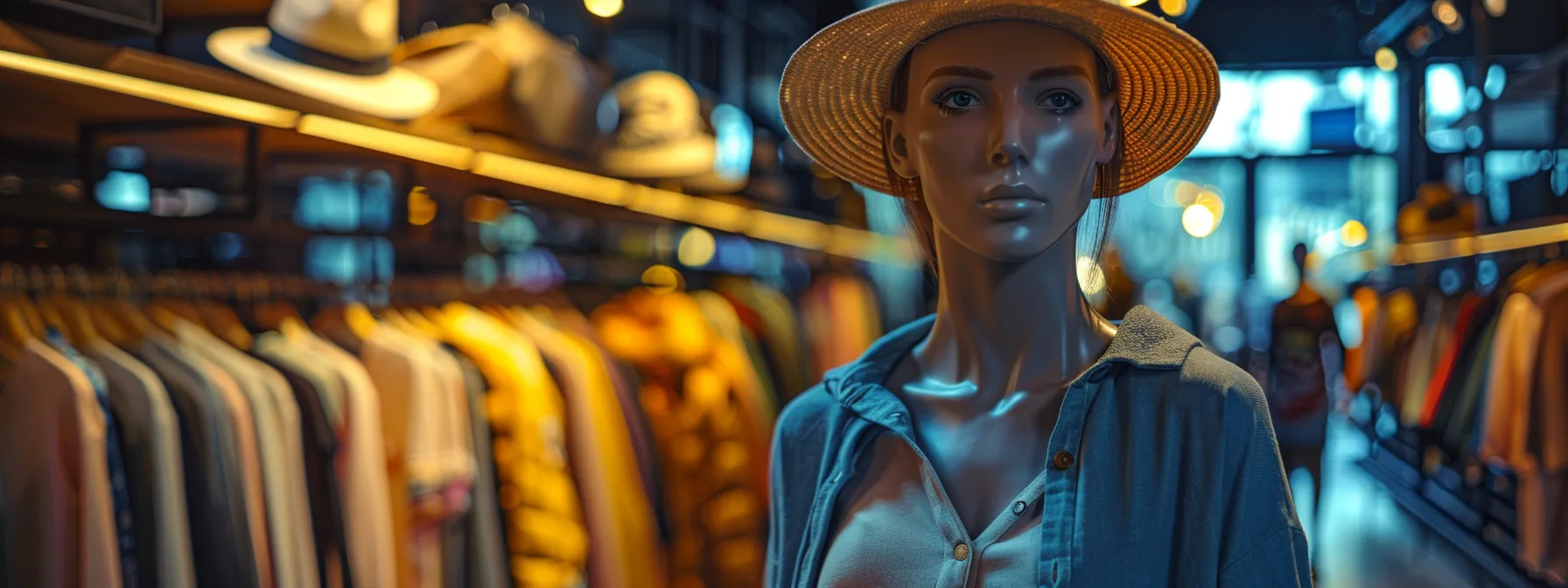 a stylish mannequin in a trendy outfit surrounded by racks of clothes, showcasing personalized fashion assistance in a boutique setting.