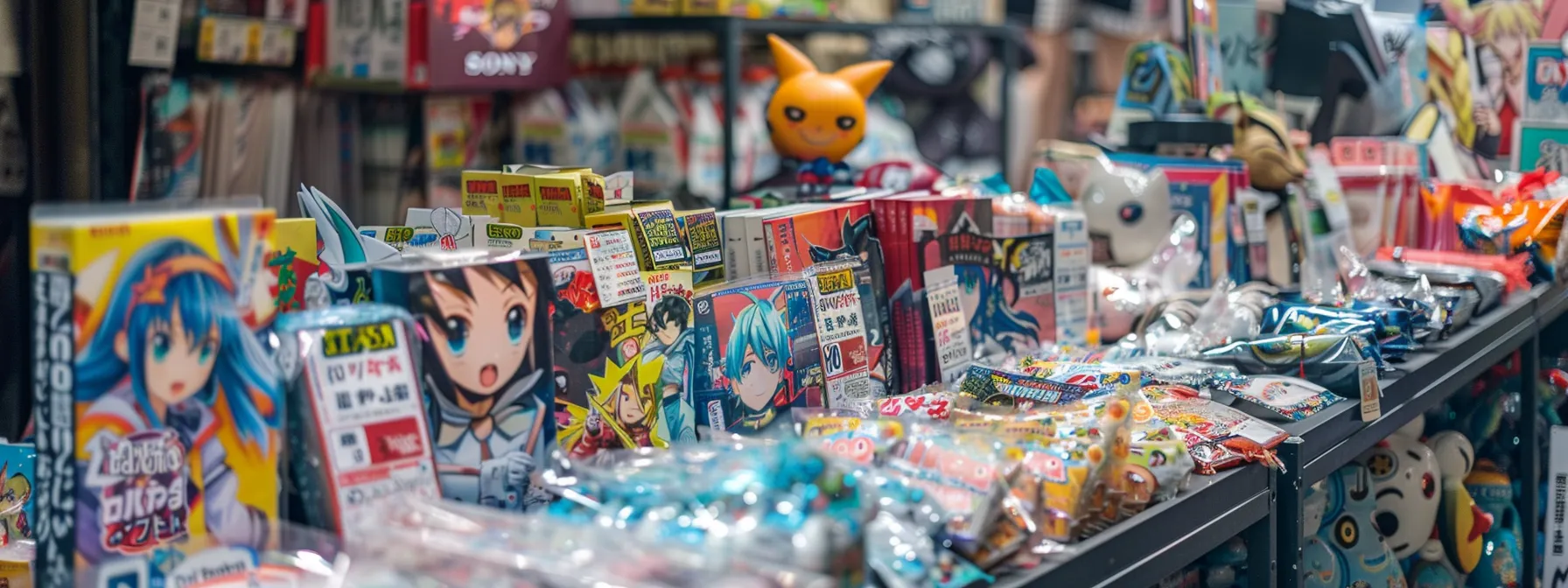 a table filled with various anime merchandise items, surrounded by price tags and discount stickers, showcasing a savvy shopper comparing deals.