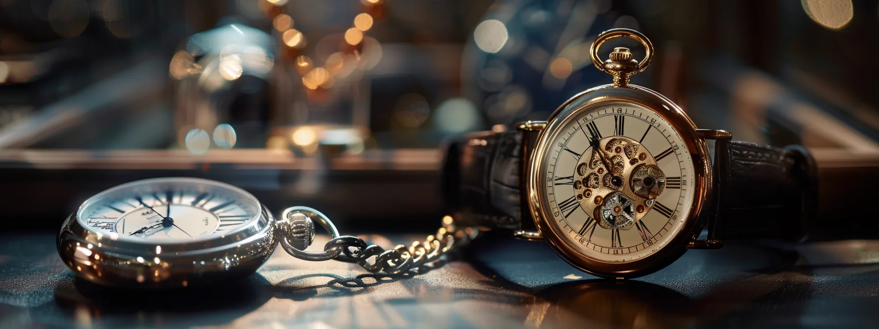 a vintage pocket watch displayed next to a sleek, modern wristwatch, blending traditional elegance with contemporary style.