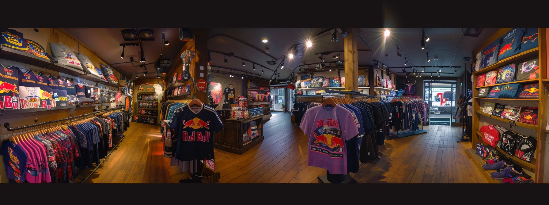 step into our t-shirt shop adorned with vibrant graphic tees and exclusive designs, surrounded by chic mauve hues and adrenaline-inducing red bull graphics.