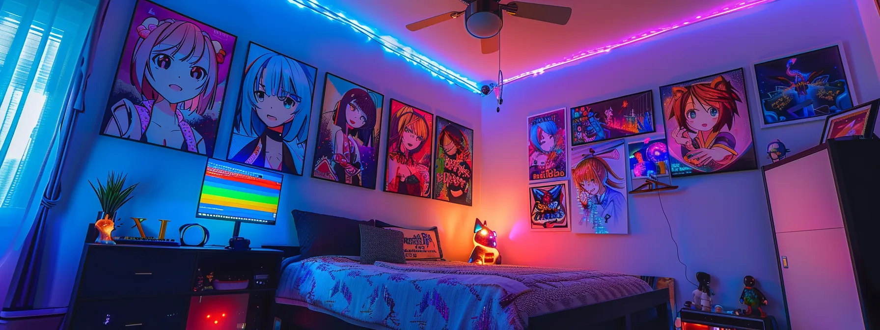 vibrant anime posters hanging above a ceiling fan with colorful lights, creating a unique and stylish room decor aesthetic.