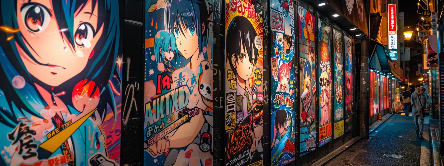 vibrantly colored anime posters lining the neon-lit streets of tokyo, capturing the essence of the city's dynamic influence on global anime culture.