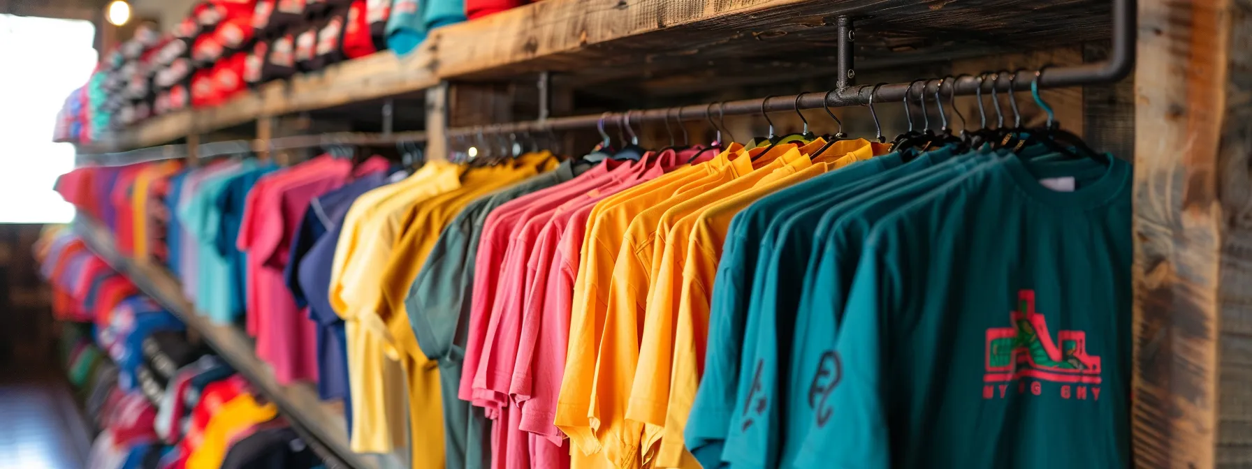 vividly colored graphic tees displayed on rustic wooden shelves in a trendy boutique setting.