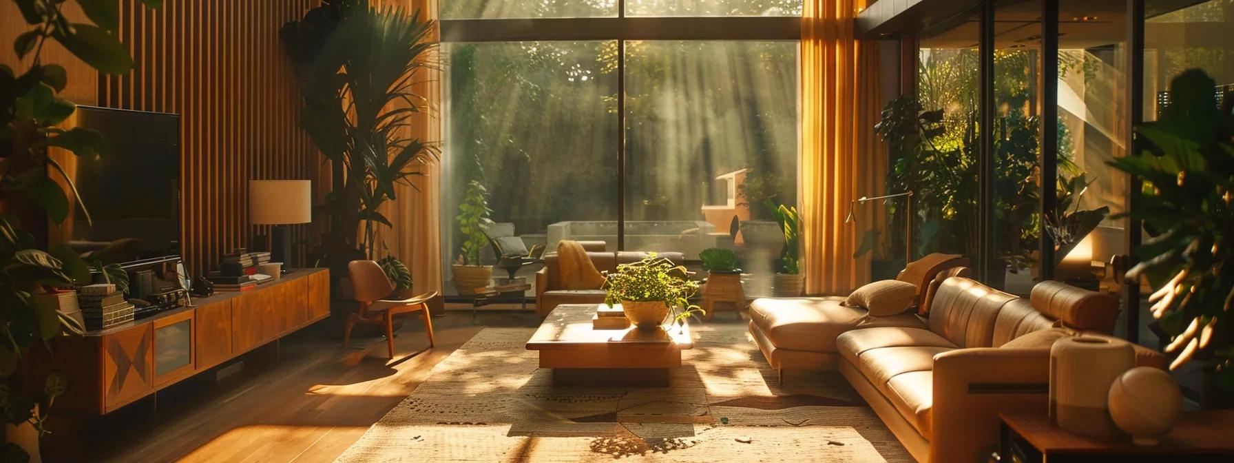 a beautifully styled living room showcases an elegant blend of modern furnishings and natural materials, illuminated by soft, warm sunlight streaming through large windows.