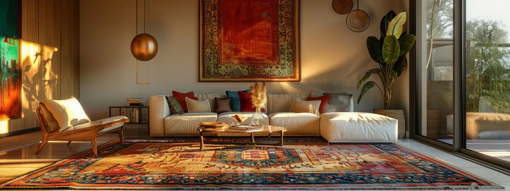 a beautifully styled living room showcases a vibrant area rug, elegant decorative lighting, and captivating artwork that together create a warm and inviting atmosphere.