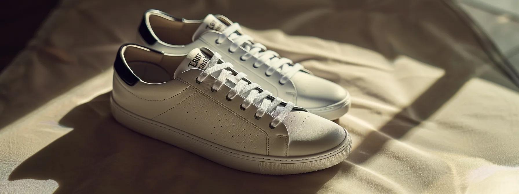 a close-up of a stylish pair of tommy hilfiger sneakers elegantly displayed against a soft, muted backdrop, emphasizing their sleek design and luxurious cushioning for ultimate comfort.