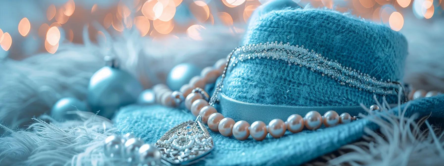 a collection of elegant, eco-friendly fashion accessories, including a chic sky blue winter hat and unique, upcycled jewelry, beautifully arranged against a soft, natural background that highlights their sustainable elegance.