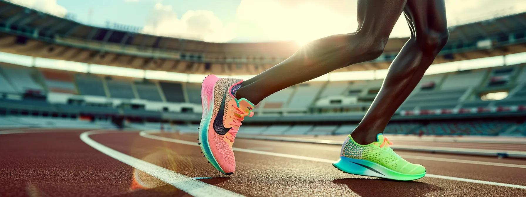 a dynamic athlete sprinting on a track, wearing cutting-edge nike shoes that showcase advanced technology and vibrant colors, against a backdrop of a sunlit stadium, symbolizing the peak of performance and innovation in sports.