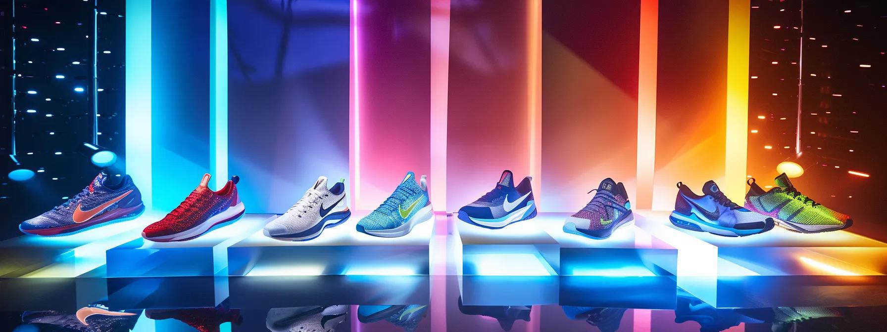a dynamic display of various nike shoes, showcasing styles for running, basketball, and training, against a vibrant backdrop that emphasizes both performance and fashion.