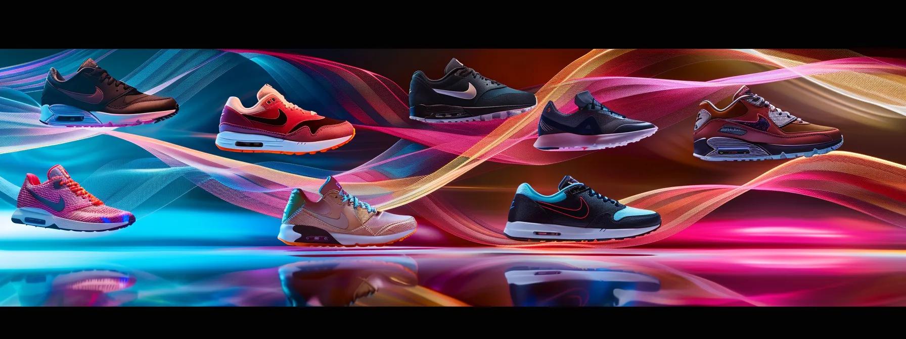 a dynamic showcase of nike shoes spanning decades, each pair vividly representing distinctive designs and technological innovations, set against a backdrop of flowing color gradients that evoke a sense of evolving sneaker culture.