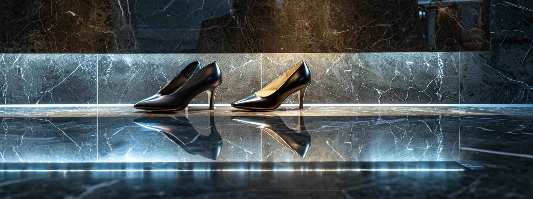 a luxurious display of authentic armani shoes showcased elegantly on a polished marble surface, highlighted by soft, ambient lighting that accentuates their sleek design and craftsmanship.