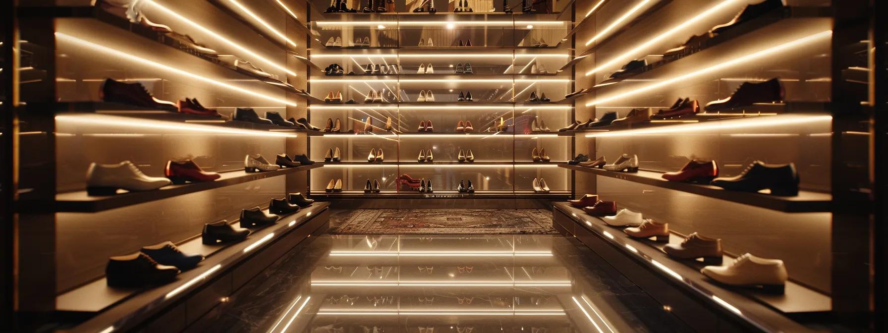 a luxurious display of elegant armani shoes arranged in a sophisticated boutique setting, showcasing a variety of styles and colors that cater to diverse budgets, illuminated by soft, warm lighting to emphasize their intricate craftsmanship and timeless appeal.