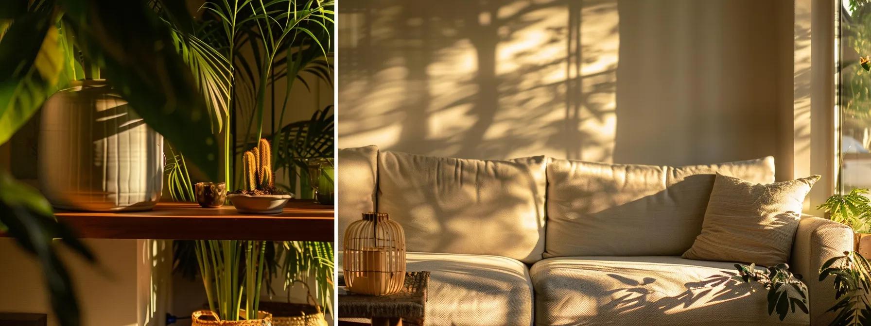 a modern living room featuring a stylish sofa and chic decor bathed in warm afternoon sunlight, embodying comfort and elegance in a harmonious setting.