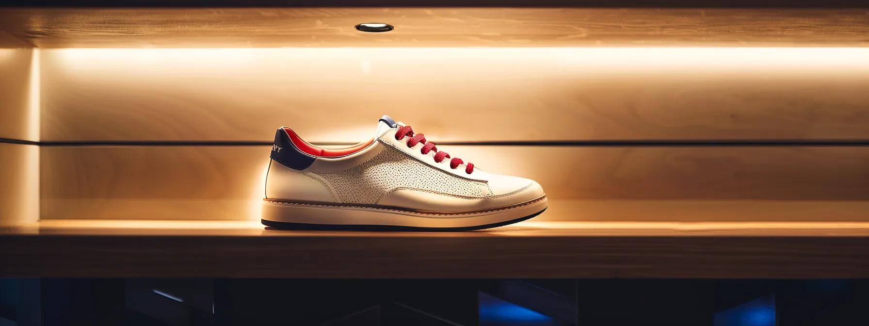 a pair of impeccably polished tommy hilfiger shoes sits elegantly on a pristine wooden shelf, illuminated by soft, natural light that highlights their rich colors and fine craftsmanship.