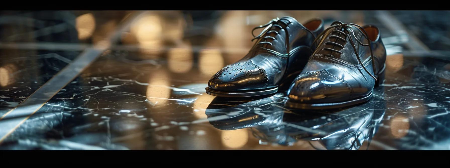 a pair of luxurious armani shoes elegantly positioned on a polished marble surface, spotlighted to emphasize their sleek design and high-quality craftsmanship amidst a soft, blurred background.