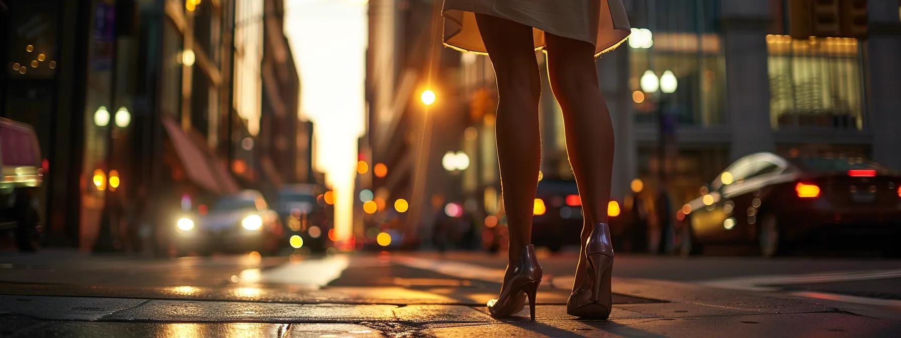 a pristine, elegantly styled outfit featuring luxurious armani shoes stands on a vibrant city street, illuminated by soft dusk light, showcasing the seamless blend of casual and sophisticated fashion.