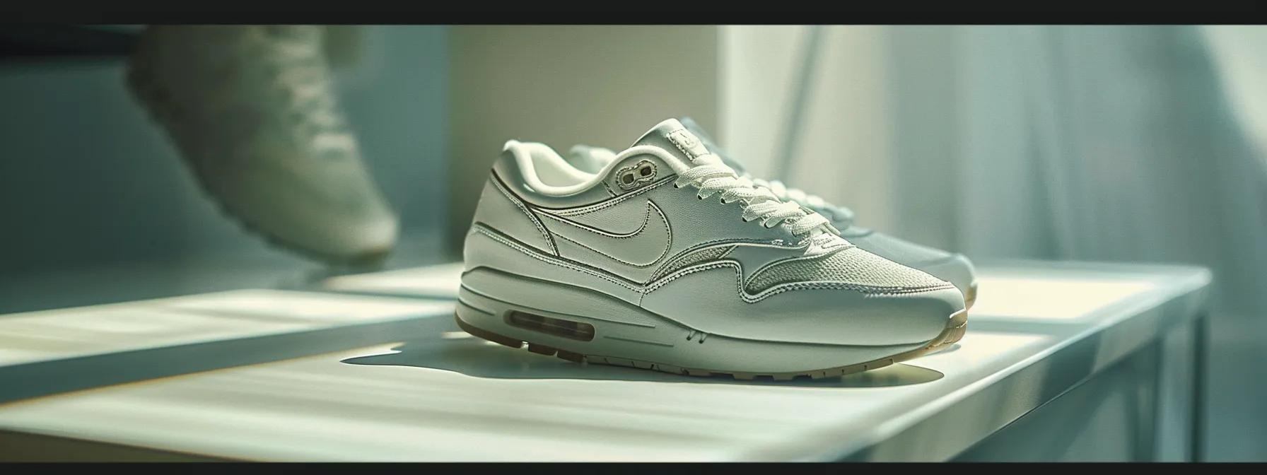 a pristine pair of nike shoes, elegantly displayed on a clean surface, gleaming under soft, natural light that highlights their stylish design and pristine condition, symbolizing the importance of proper maintenance and care.
