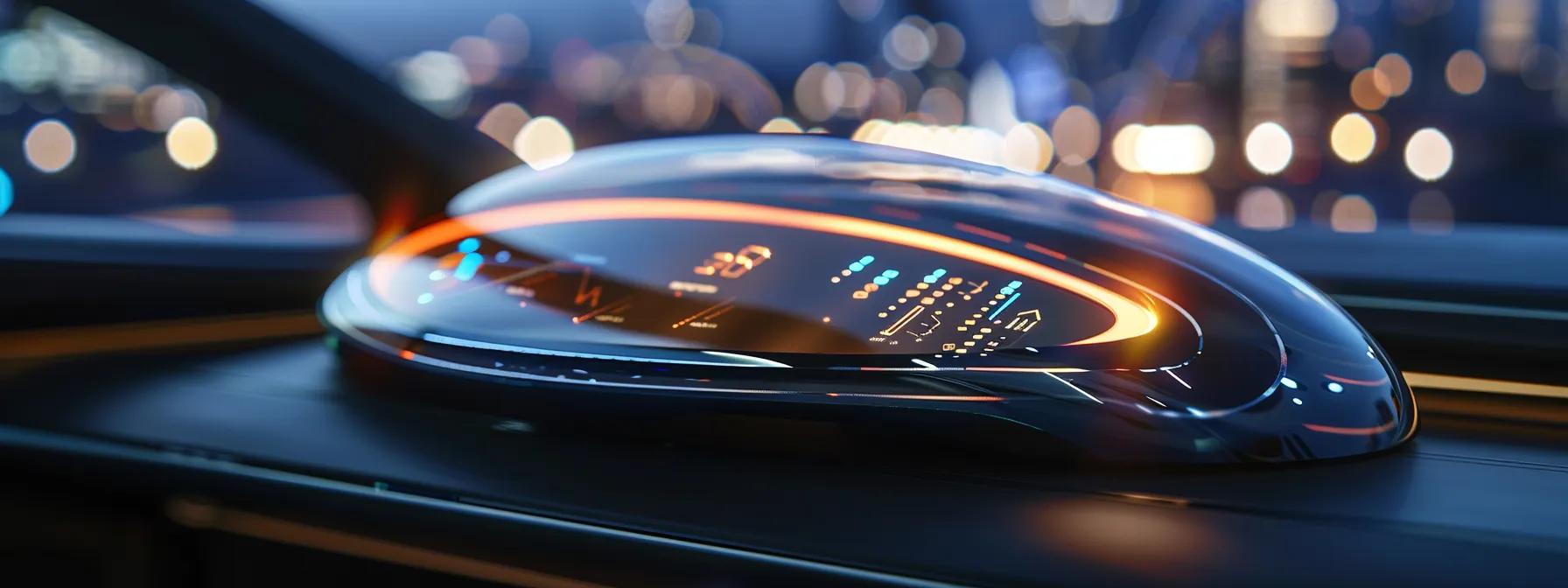 a sleek, futuristic automotive gadget glows softly on a polished dashboard, illuminated by ambient lighting that highlights its innovative design against a backdrop of a modern car interior.