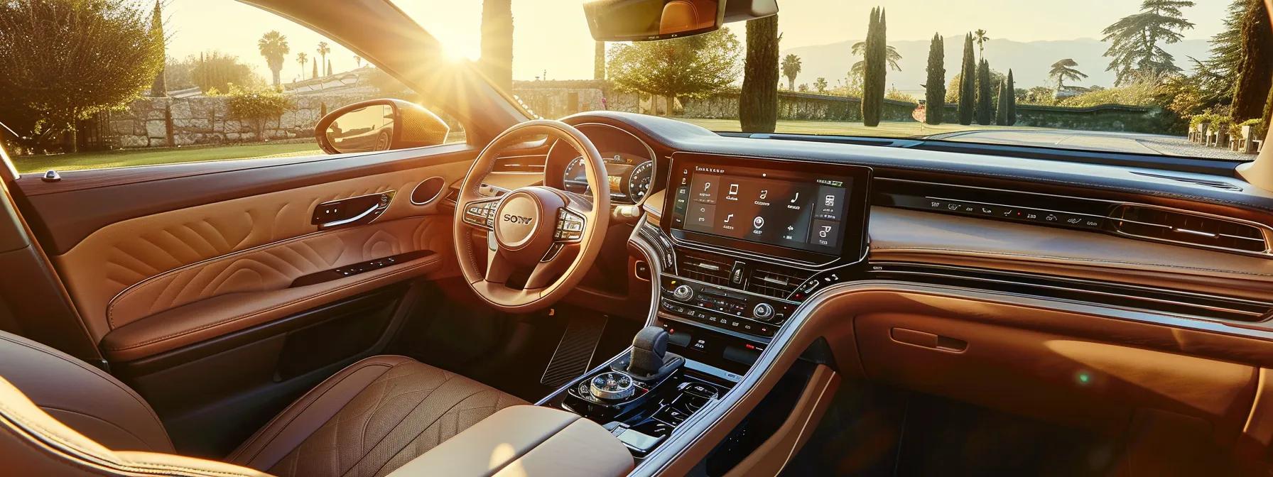 a sleek, modern car interior showcases a high-tech dashboard filled with advanced automotive gadgets and accessories, accentuated by soft ambient lighting that highlights the sophistication and convenience of modern driving.