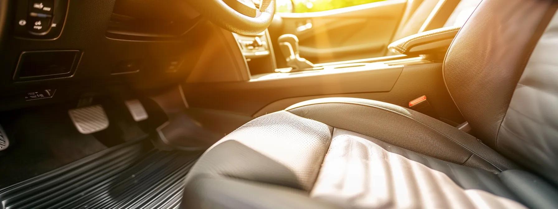 a sleek, modern car interior showcases luxurious seat covers, organized storage solutions, uv-blocking sunshades, and pristine floor mats, all bathed in warm, inviting sunlight to highlight the ultimate comfort and convenience of automotive accessories.