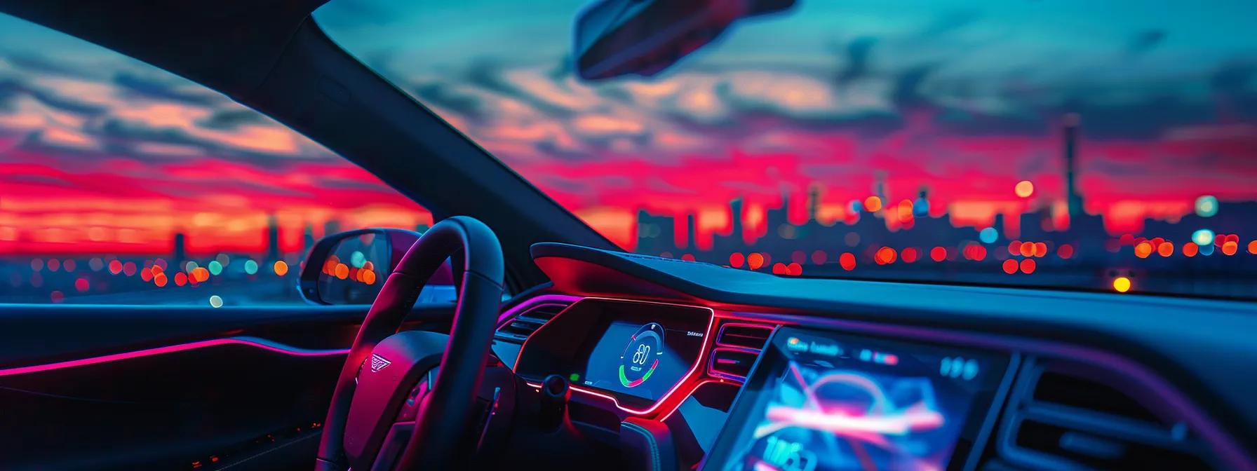 a sleek, modern vehicle adorned with smart gadgets like a high-tech infotainment system, smart mirrors reflecting bright city lights, and enhanced led headlights, all showcased under a twilight sky.