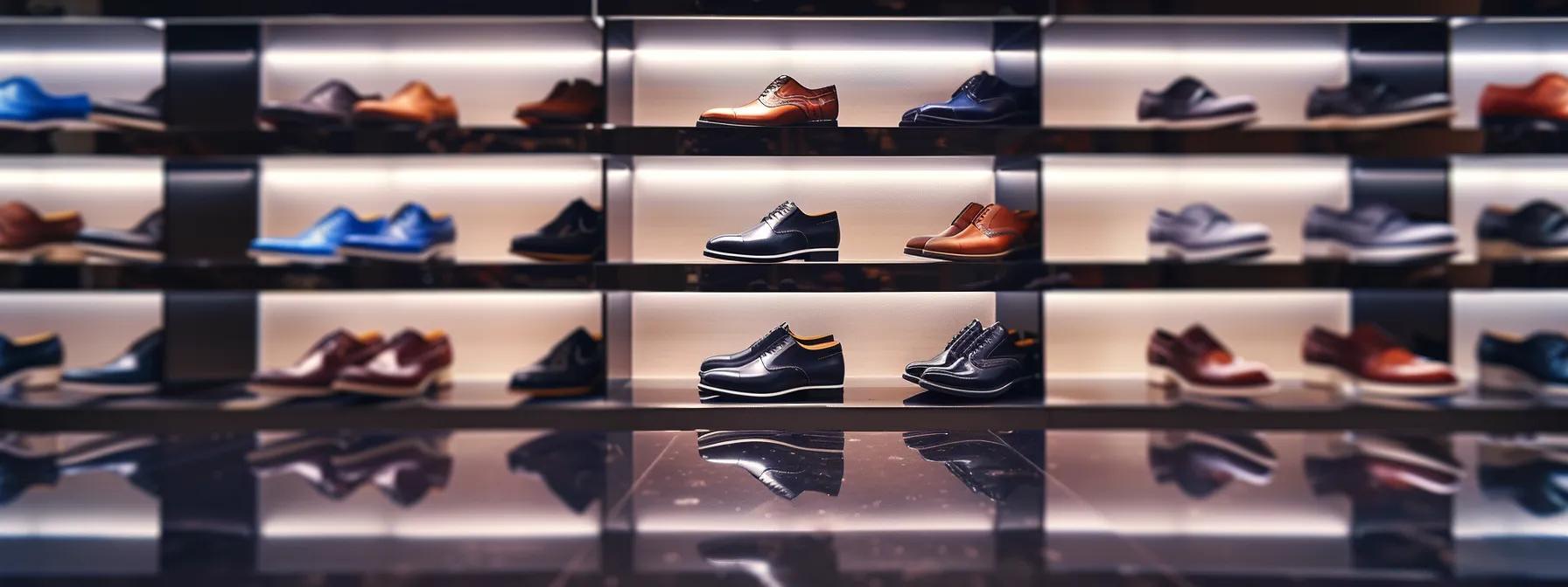 a stunning display of armani shoes, showcasing a variety of elegant styles including polished dress shoes, versatile sneakers, and chic sandals, all arranged against a sleek, reflective surface to enhance their luxurious appeal.