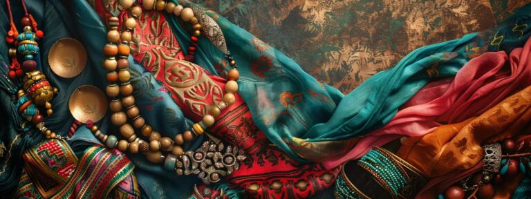 a stunning flat lay of vibrant fashion accessories, including an intricately designed statement necklace, bold cuff bracelets, and colorful scarves, all bathed in soft, natural light against a luxurious textured background.