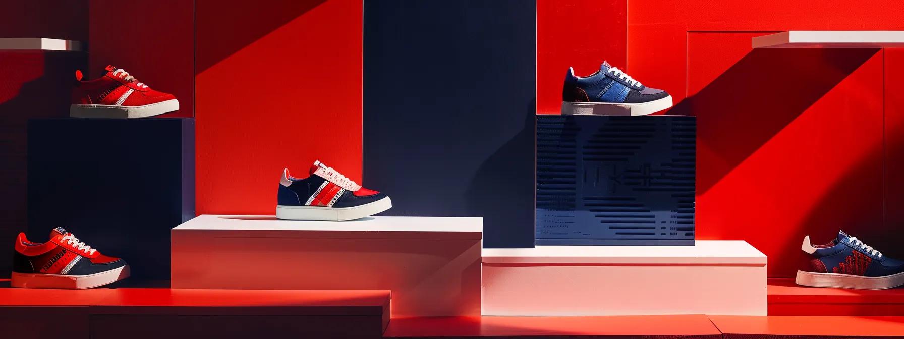 a stylish display of tommy hilfiger shoes showcases bold colors and distinctive patterns against a minimalist backdrop, highlighting their modern yet classic design with a focus on comfort and contemporary fashion.