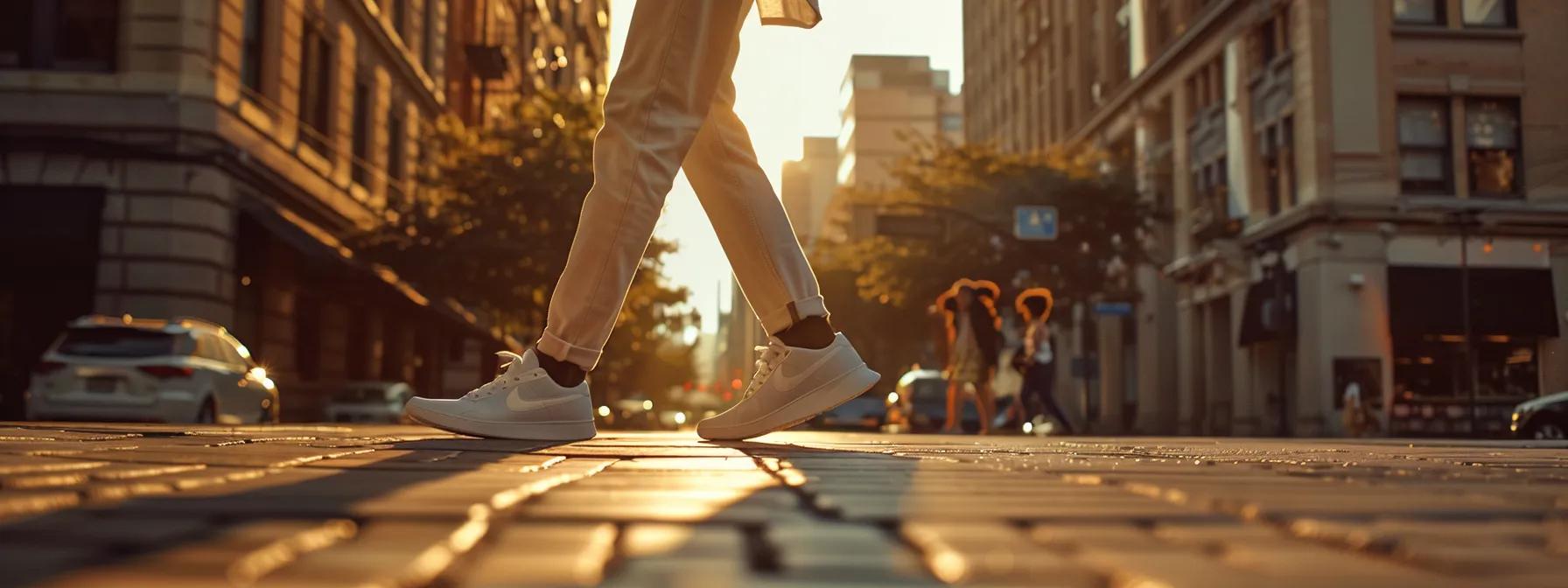 a stylish young adult confidently strides through an urban landscape, showcasing nike sneakers paired with a trendy, casual outfit, bathed in warm, golden hour light that highlights the vibrant colors and textures of their attire.