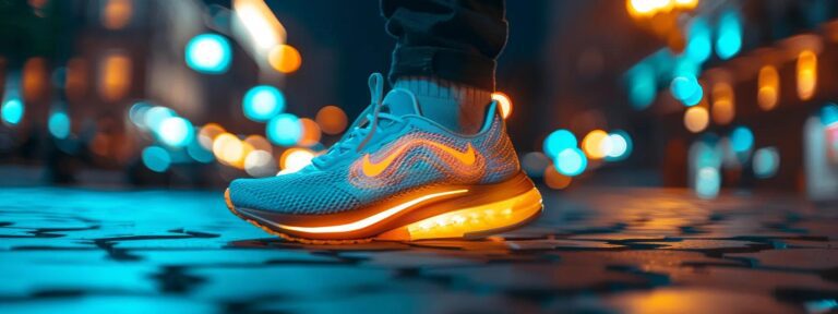 a vibrant close-up of sleek nike shoes resting on an urban pavement, illuminated by dynamic evening light that accentuates their bold design and modern aesthetic.